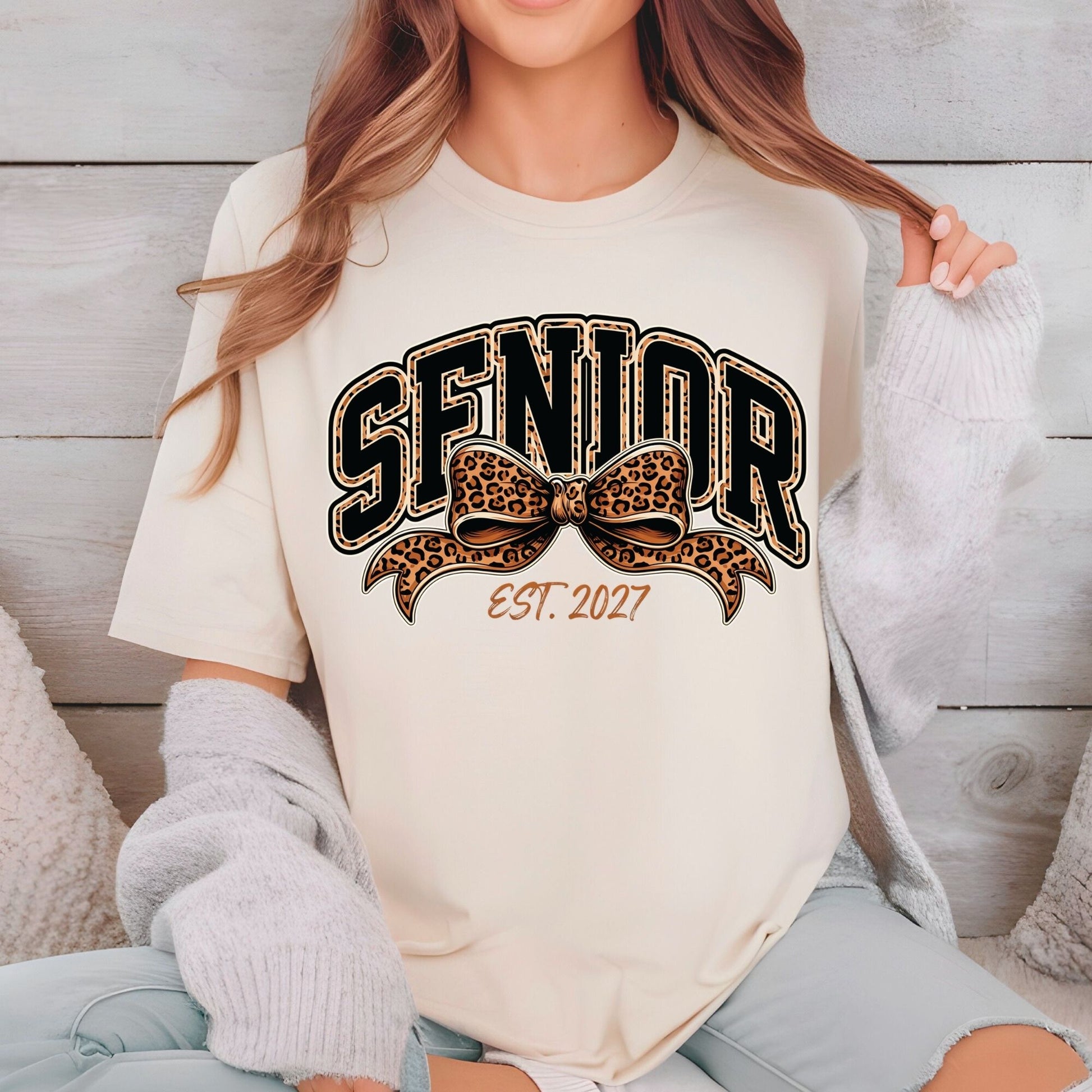 Senior Est 2027 DTF Transfer Ready to Press Graduation Heat Transfer for Shirts Black Orange Leopard Print Bow Varsity Font Tee