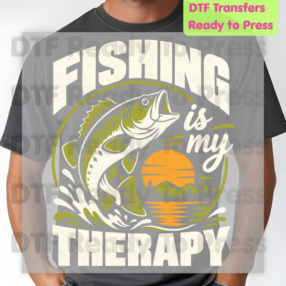 Fishing DTF Transfer, Fishing Is My Therapy, Bass Sunset Outdoors Graphic
