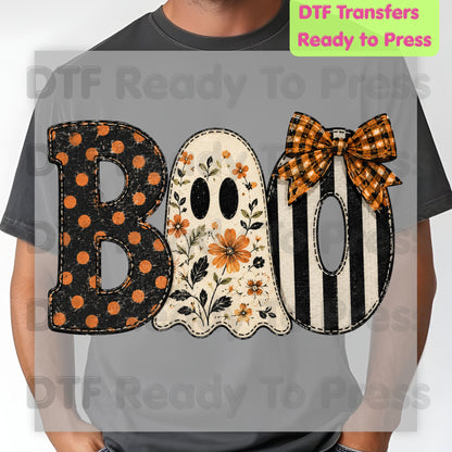 Floral Ghost Halloween DTF Transfers, Boo Orange Polka Dot Coquette Bow Spooky Ready to Press