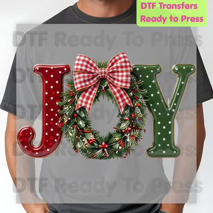 Joy Christmas DTF Transfers, Wreath Plaid Bow Polka Dot Letters Festive Holiday Ready to Press