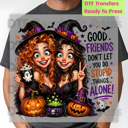 Halloween Witches Best Friends DTF Transfers, Funny Spooky Besties Good Friends Ready to Press
