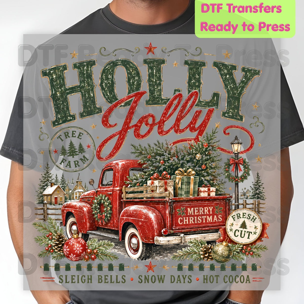 Holly Jolly Christmas DTF Transfers, Red Truck Tree Farm Vintage Holiday Ready to Press