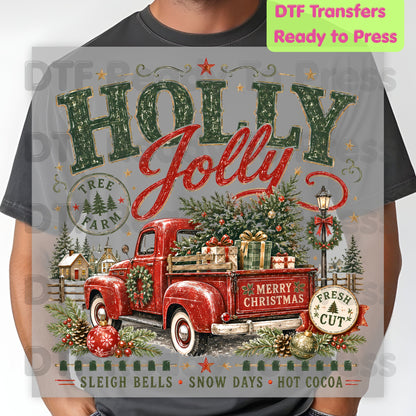 Holly Jolly Christmas DTF Transfers, Red Truck Tree Farm Vintage Holiday Ready to Press