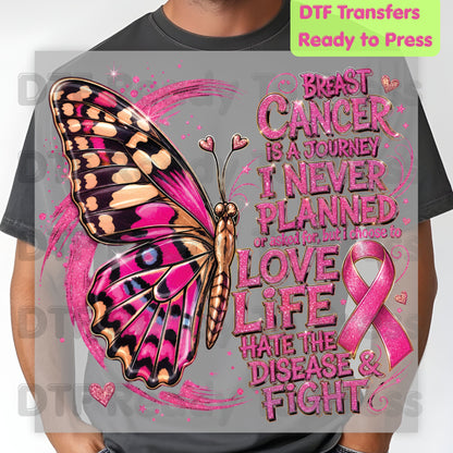 Breast Cancer Is A Journey Butterfly Breast Cancer Awareness DTF Transfer Ready to Press Heat Transfer Tee