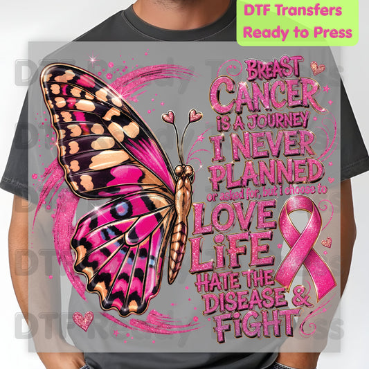 Breast Cancer Is A Journey Butterfly Breast Cancer Awareness DTF Transfer Ready to Press Heat Transfer Tee