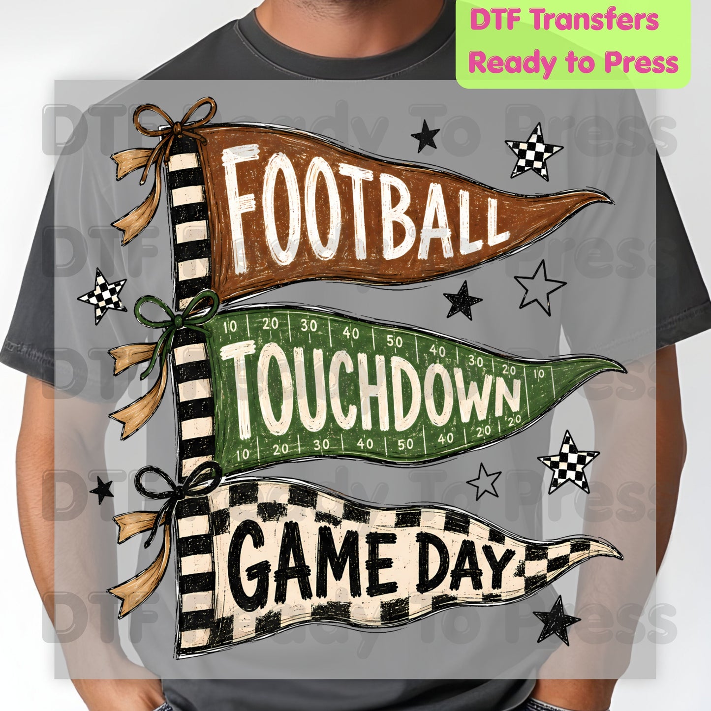 Football Game Day Pennants DTF Transfers, Touchdown Flags Stars Sports Ready to Press
