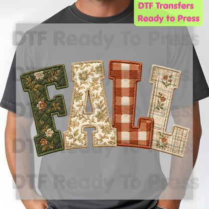 Fall Patchwork Chenille Letters DTF Transfers, Quilted Plaid Autumn Thanksgiving Ready to Press