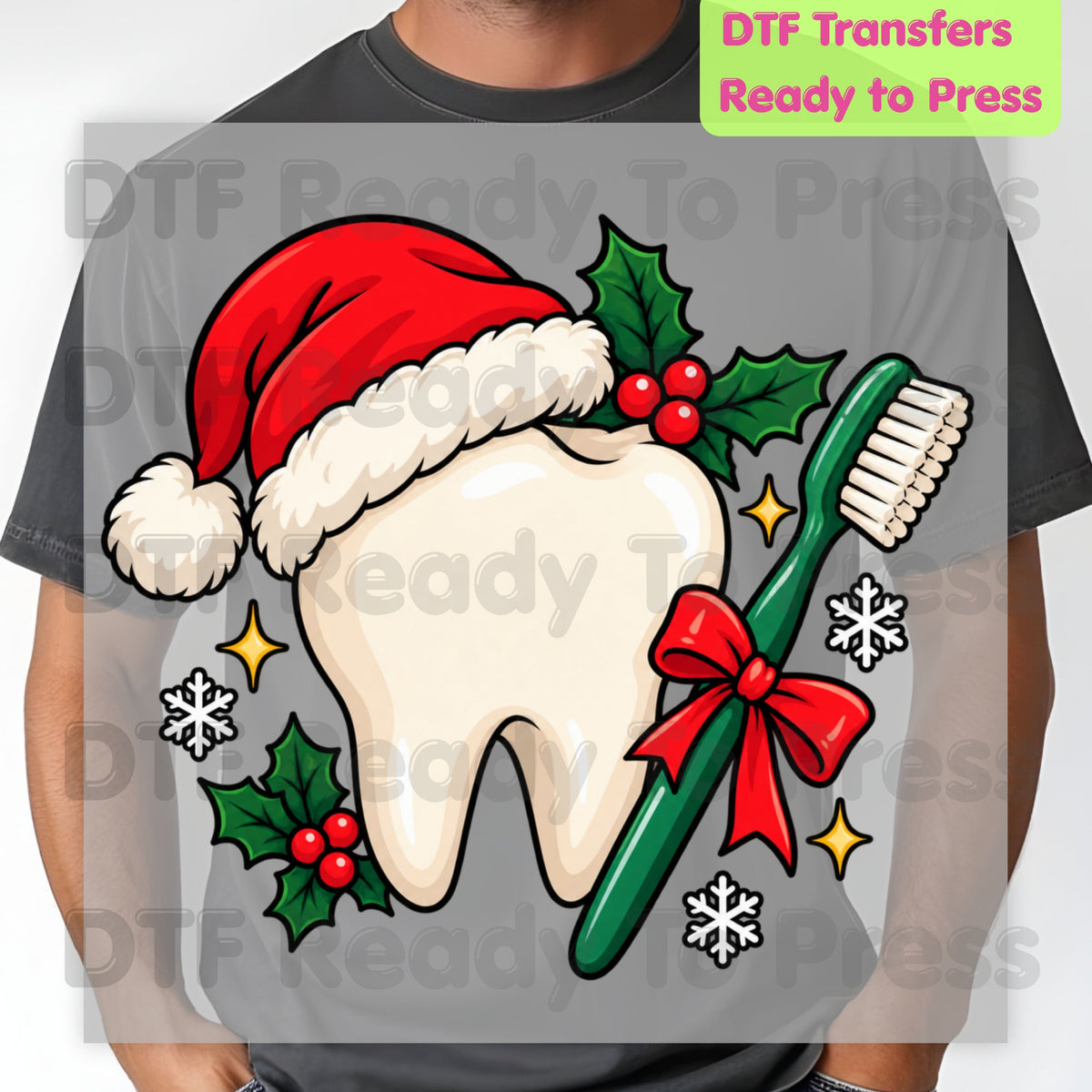 Christmas Tooth Santa Hat DTF Transfers, Dental Holiday Toothbrush Dentist Graphic Ready to Press
