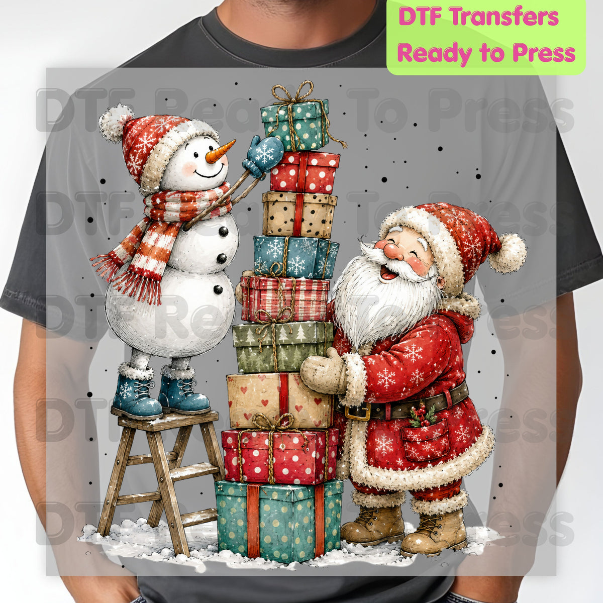 Christmas Santa Snowman DTF Transfers, Stacking Gifts Cute Holiday Ready to Press