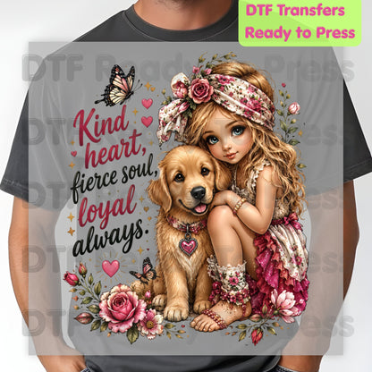 Dog DTF Transfers, Kind Heart Fierce Soul Loyal Always Golden Retriever Puppy Floral Ready to Press