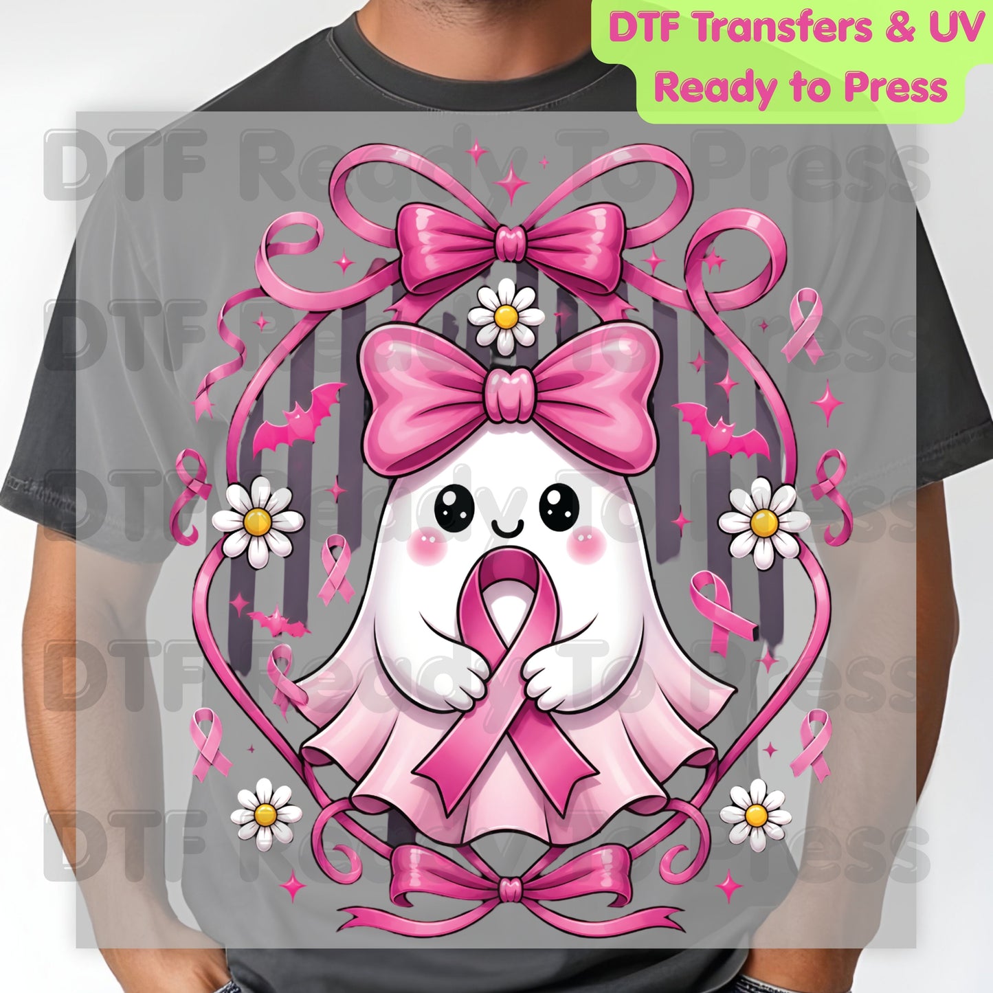 Halloween Breast Cancer Awareness Cute Ghost DTF Transfer Ready to Press Heat Transfer Pink Ribbon Bow Spooky Tee