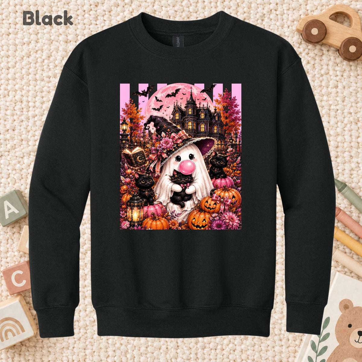 Pink Ghost Halloween T-Shirt, Witch Ghost Bubble Gum Black Cat Spooky Cute Tee for Toddler and Kids
