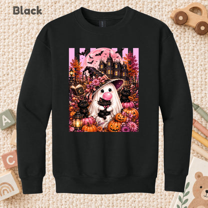 Pink Ghost Halloween T-Shirt, Witch Ghost Bubble Gum Black Cat Spooky Cute Tee for Toddler and Kids