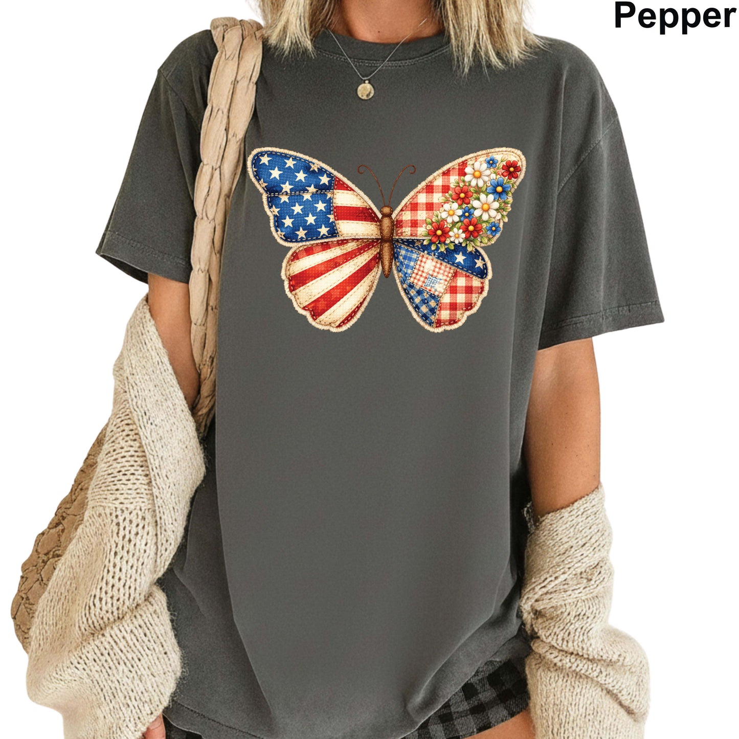 USA Faux Yarn Printed Comfort Colors T Shirt America Flag Heart Apparel Butterfly American Tees America Coquette Bow Clothing