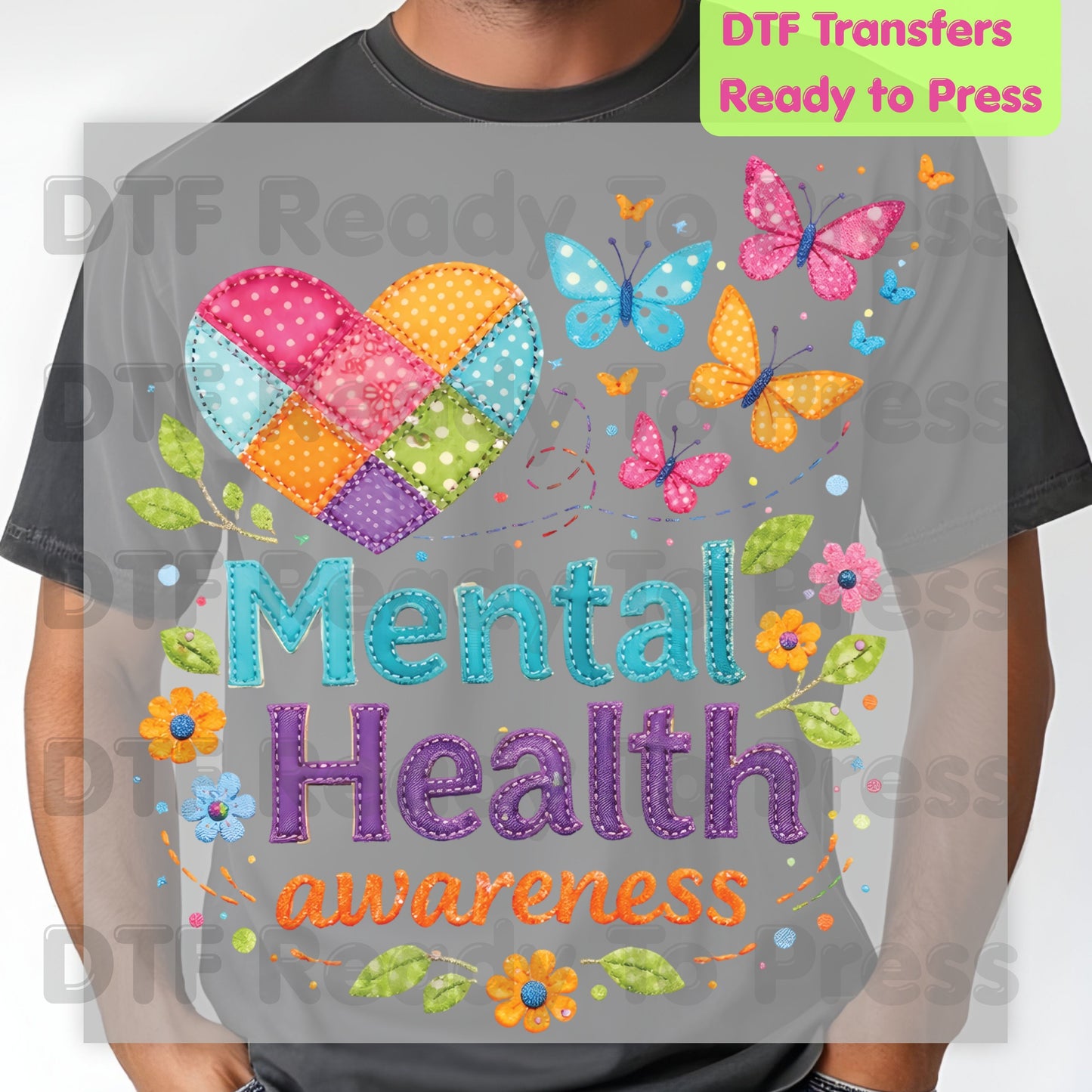 Mental Health DTF Transfer Ready to Press Quilted Heart Butterfly Heat Transfer Mental Health Matters Tee Print Direct to Film Transfer