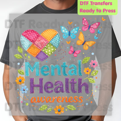 Mental Health DTF Transfer Ready to Press Quilted Heart Butterfly Heat Transfer Mental Health Matters Tee Print Direct to Film Transfer