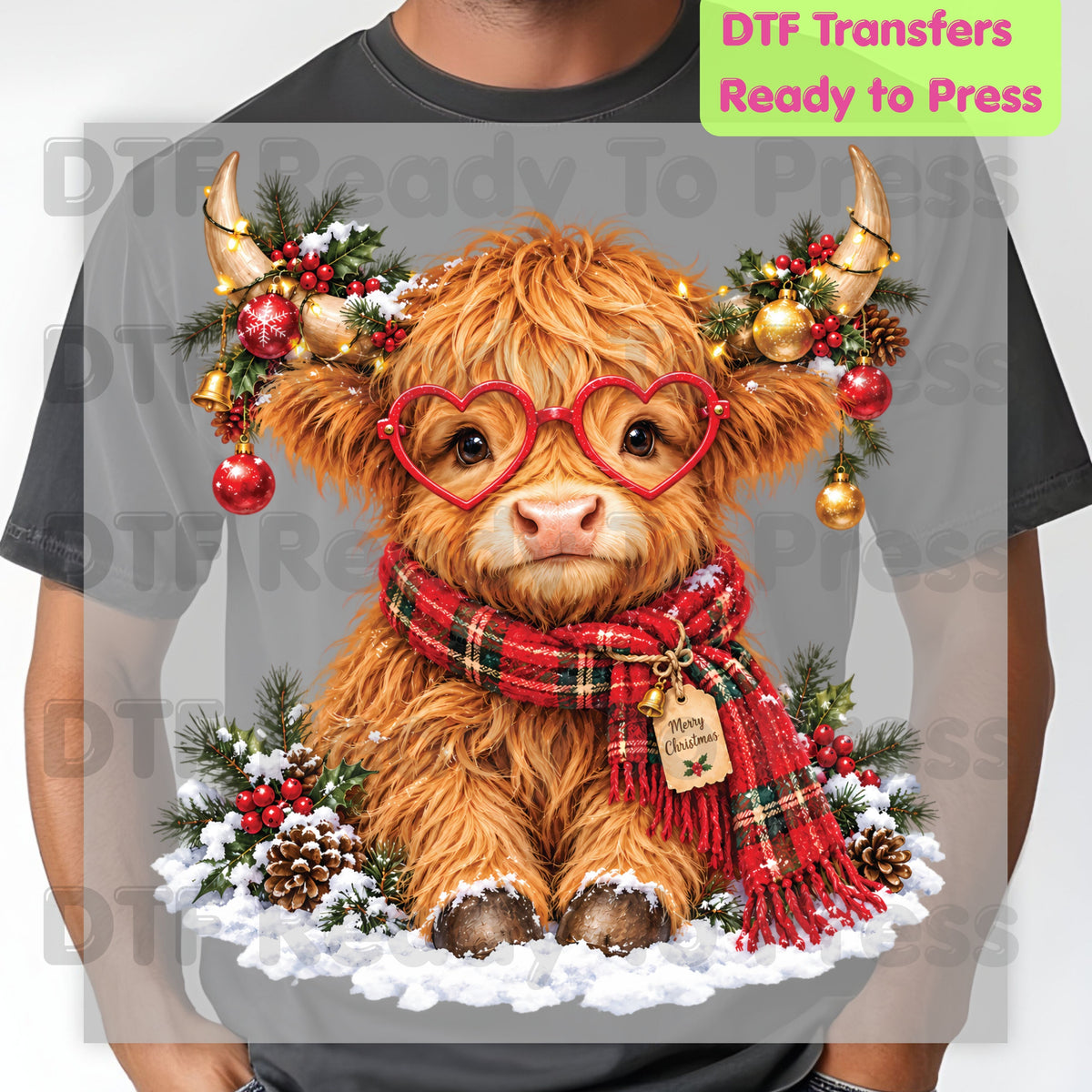 Christmas DTF Transfer, Highland Cow with Heart Glasses, Scarf and Ornaments