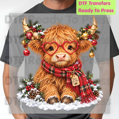Christmas DTF Transfer, Highland Cow with Heart Glasses, Scarf and Ornaments
