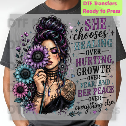 Inspirational Healing Woman DTF Transfers, She Chooses Healing Over Hurting Floral Messy Bun Sunflower Motivational Ready to Press