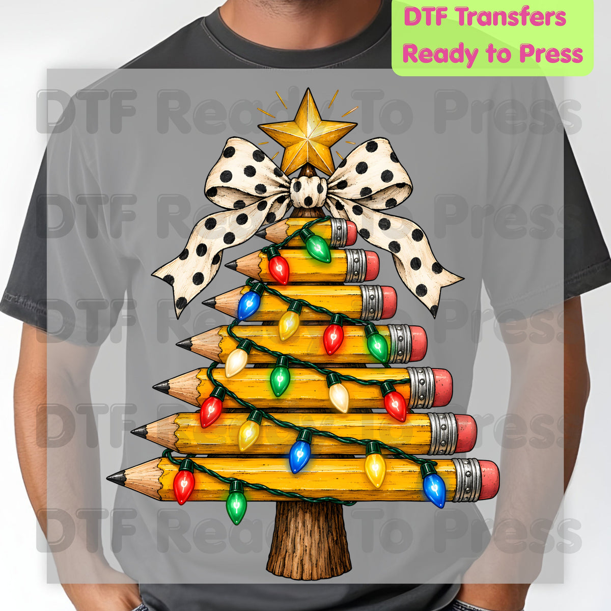 Christmas Teacher Pencil Tree DTF Transfers, School Polka Dot Bow Lights Holiday Ready to Press