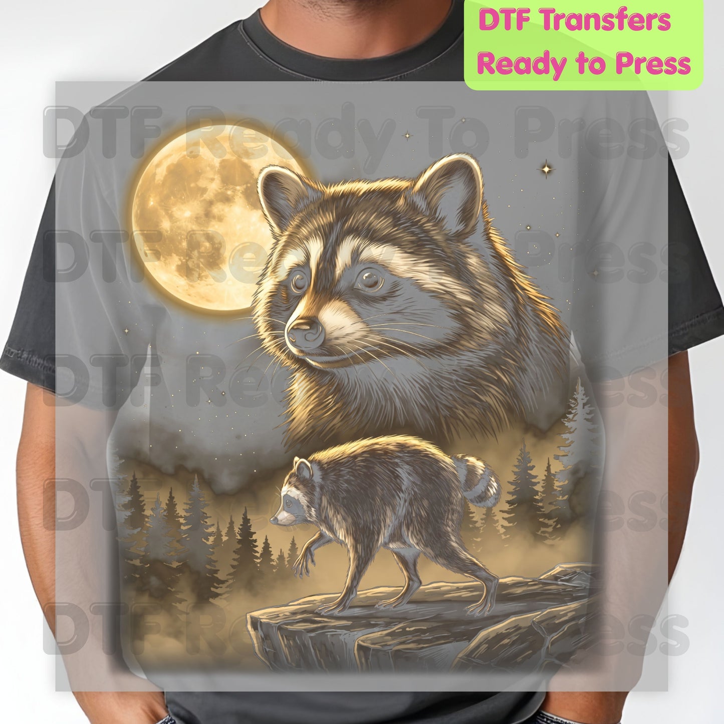 Vintage Raccoon Full Moon DTF Transfers, Forest Wildlife Trash Panda Outdoor Ready to Press