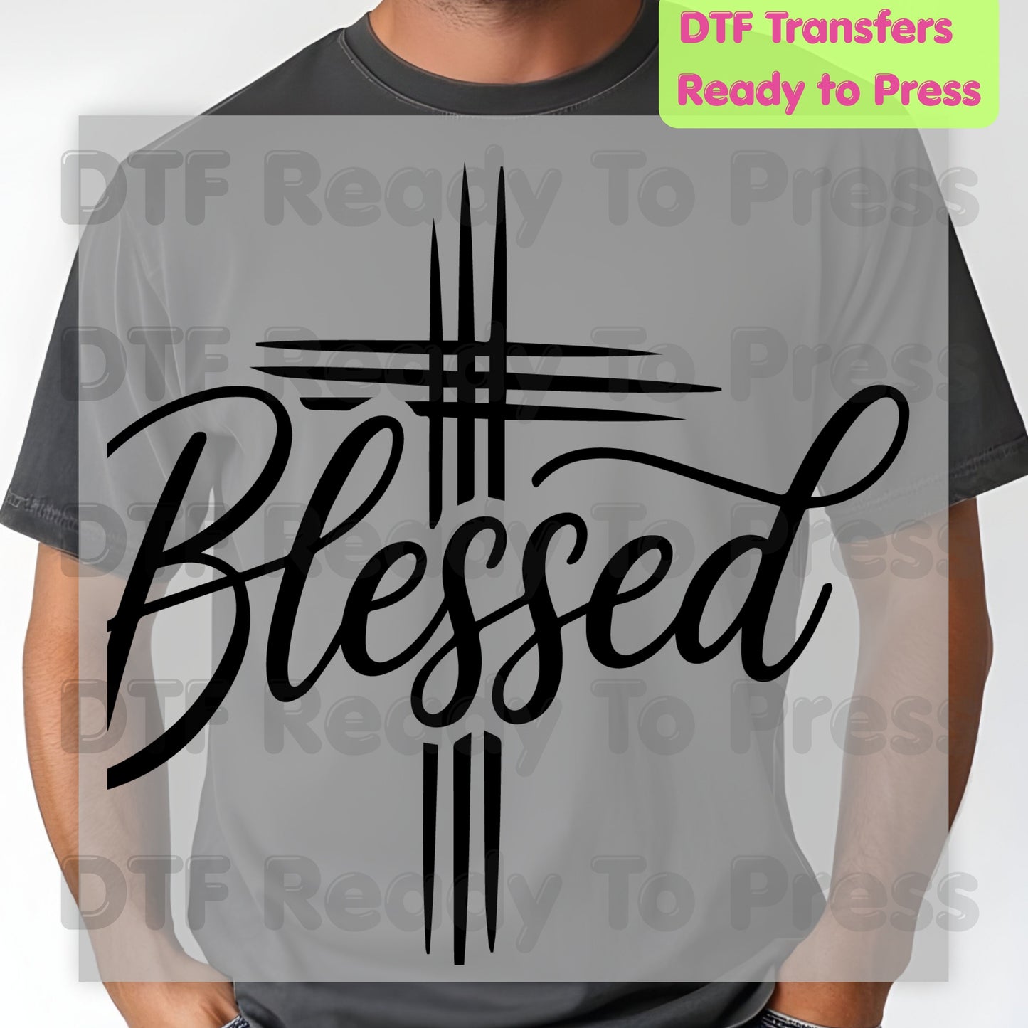 Blessed Cross Script DTF Transfers, Christian Faith Cursive Minimalist Religious Ready to Press