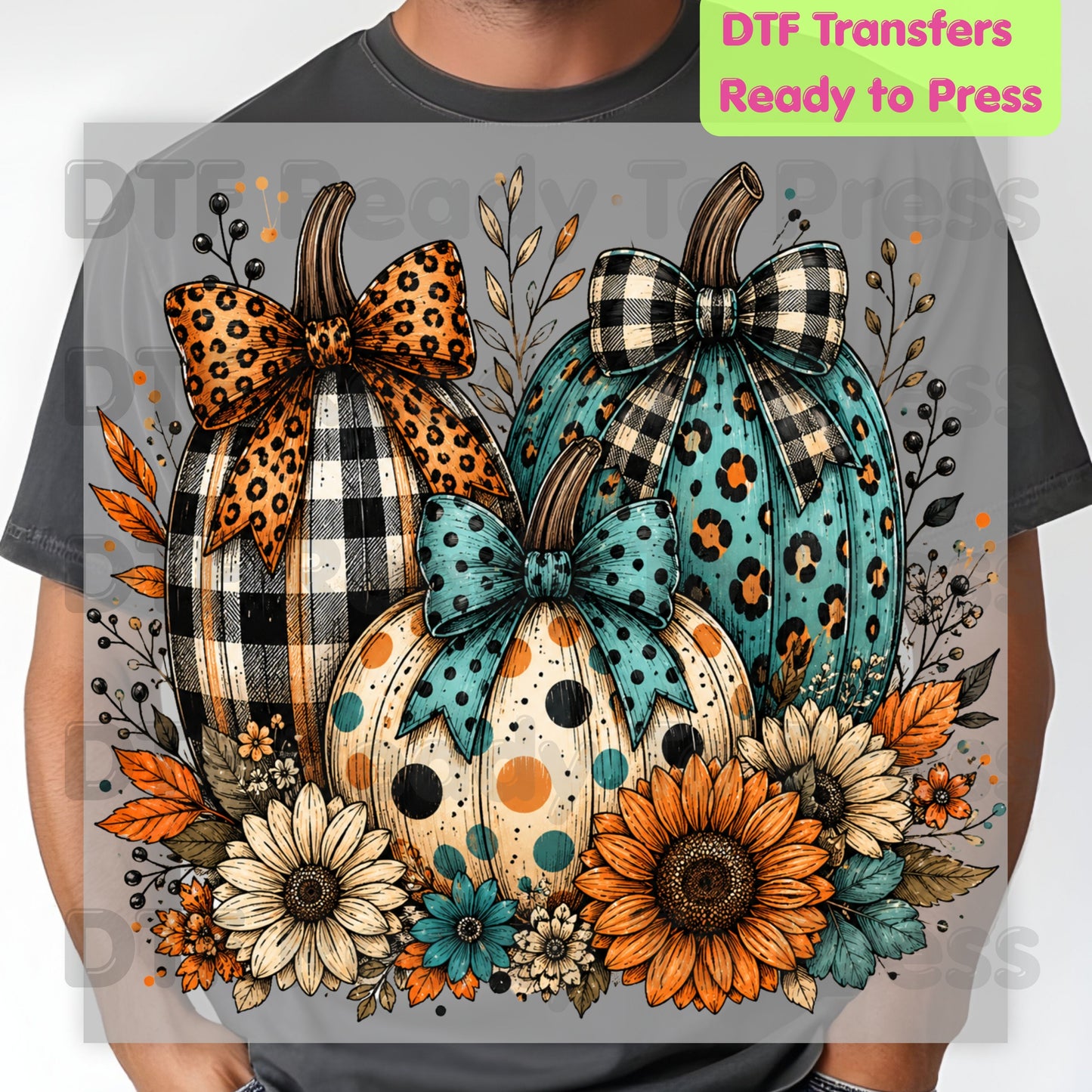 Fall DTF Transfers, Leopard Plaid Pumpkins Teal Orange Floral Thanksgiving Ready to Press