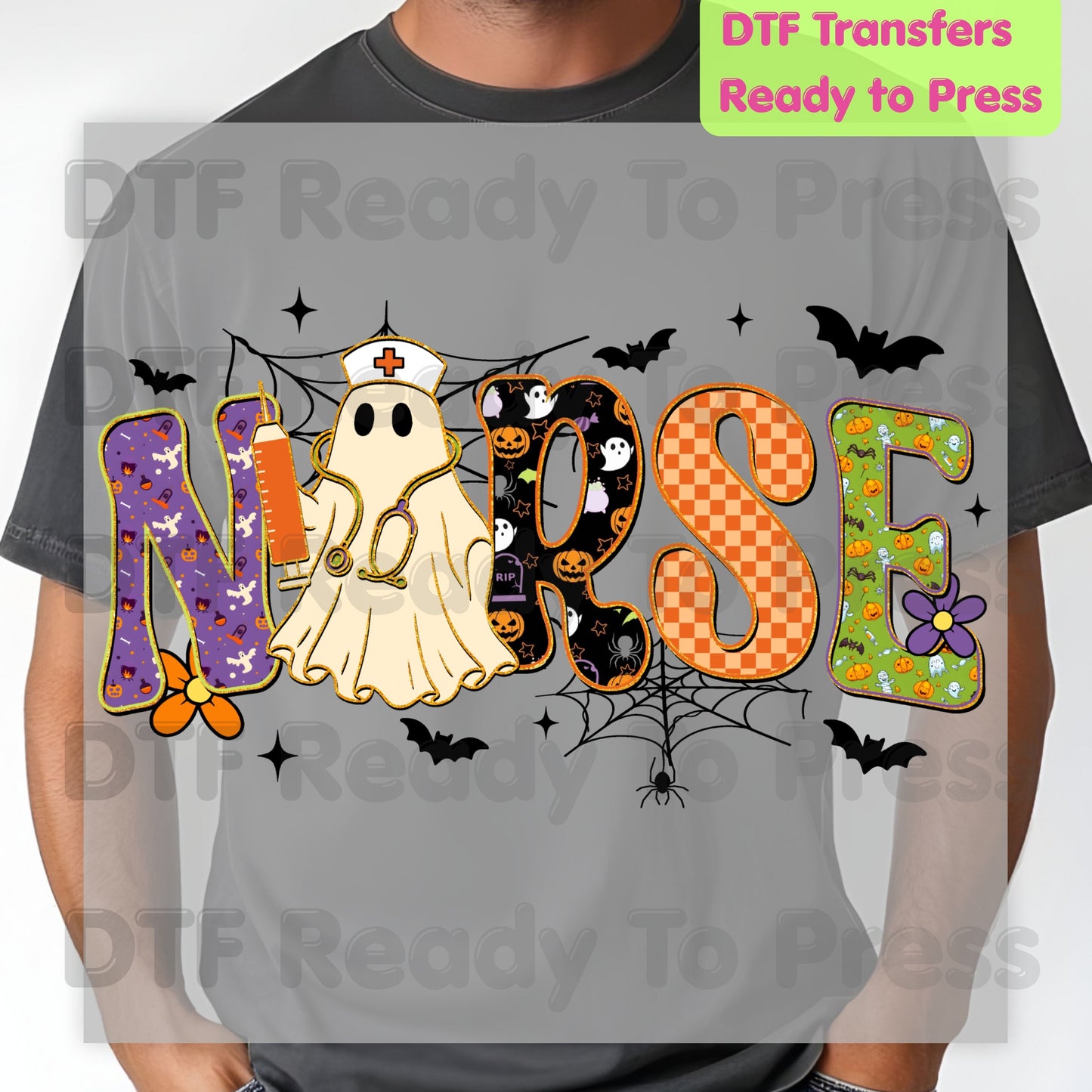 Halloween Nurse Ghost DTF Transfers, Spooky Nurse Life Hat Syringe Bats Ready to Press