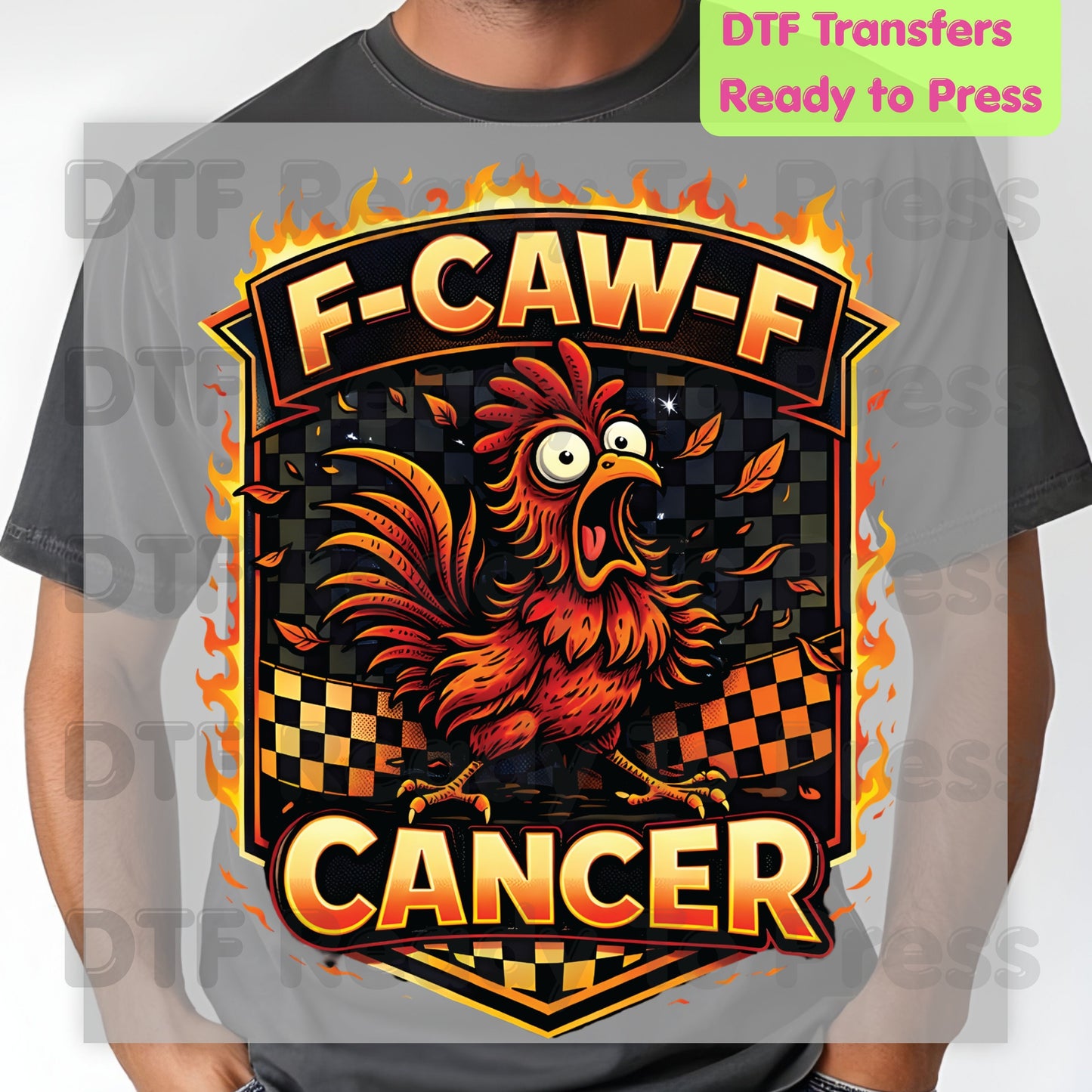 Funny Rooster DTF Transfer Ready to Press F Caw F Cancer Flaming Checkered Flag Heat Transfer Tee Print Direct to Film Transfer