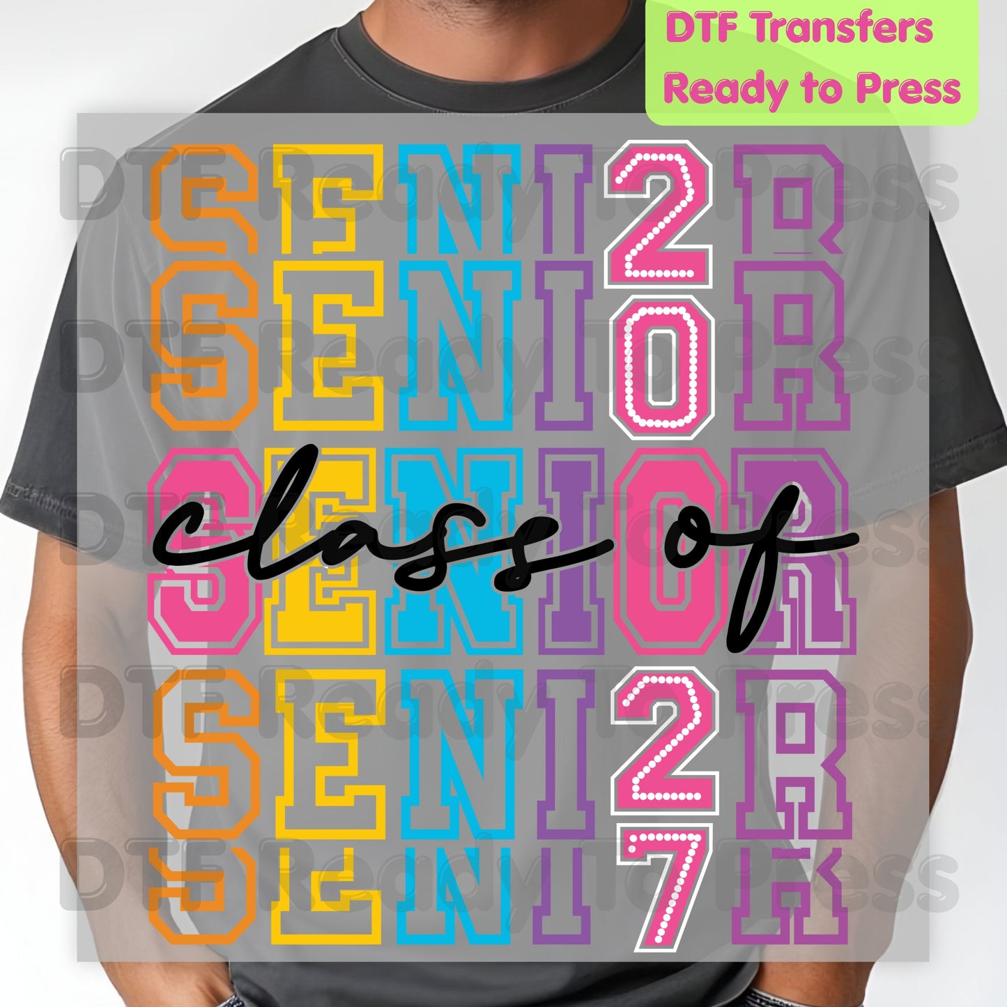 Colorful Senior Class of 2027 DTF Transfers, Retro Stacked Varsity Letters Pastel Graduation Ready to Press