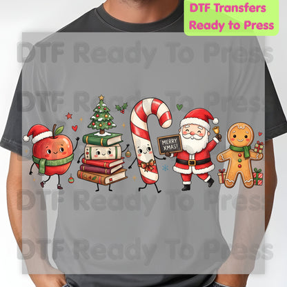Christmas Teacher Squad DTF Transfers, Holiday School Apple Books Santa Teacher Ready to Press