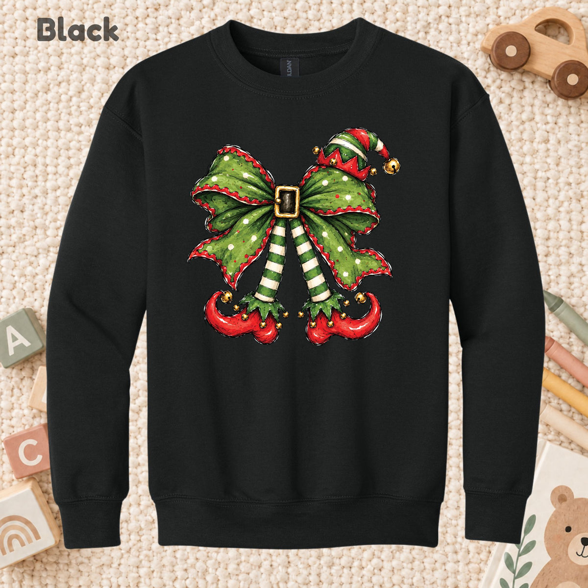 Christmas Elf T-Shirt, Green Bow Striped Legs Tee, Cute Holiday Sweatshirt