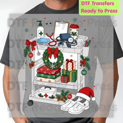 Christmas Nurse Cart DTF Transfers, Holiday Medical Wreath Stethoscope Graphic Ready to Press
