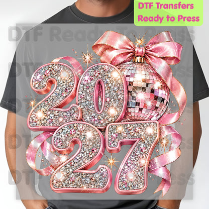 New Year 2027 DTF Transfer, Pink Glitter Numbers, Disco Ball Bow