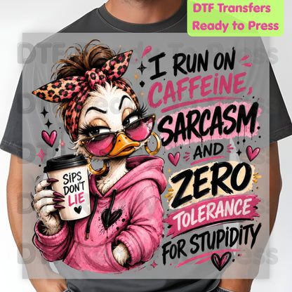 Funny Duck Caffeine DTF Transfers, I Run on Caffeine Sarcasm Coffee Messy Bun Leopard Bow Women Ready to Press