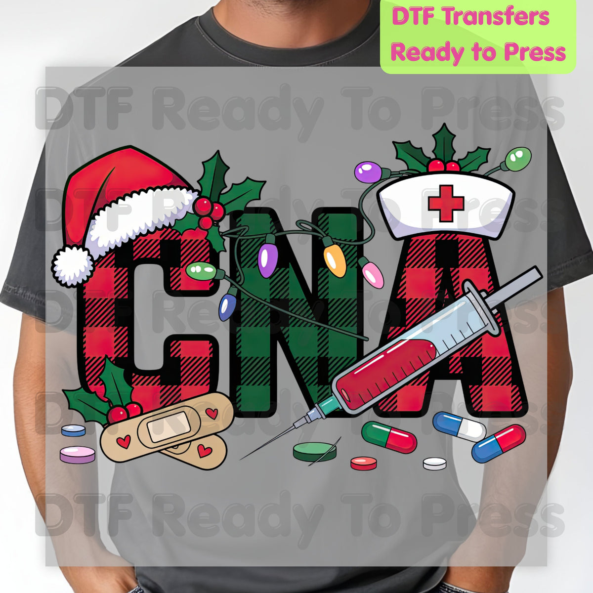Christmas CNA Plaid DTF Transfers, Medical Nursing Syringe Holiday Lights Ready to Press