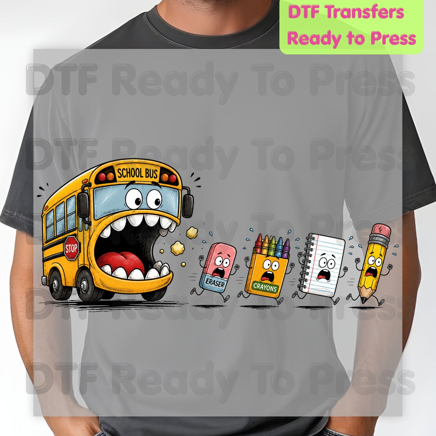 Funny School Bus Monster DTF Transfers, Back to School Chasing Supplies Teacher Life Kids Ready to Press