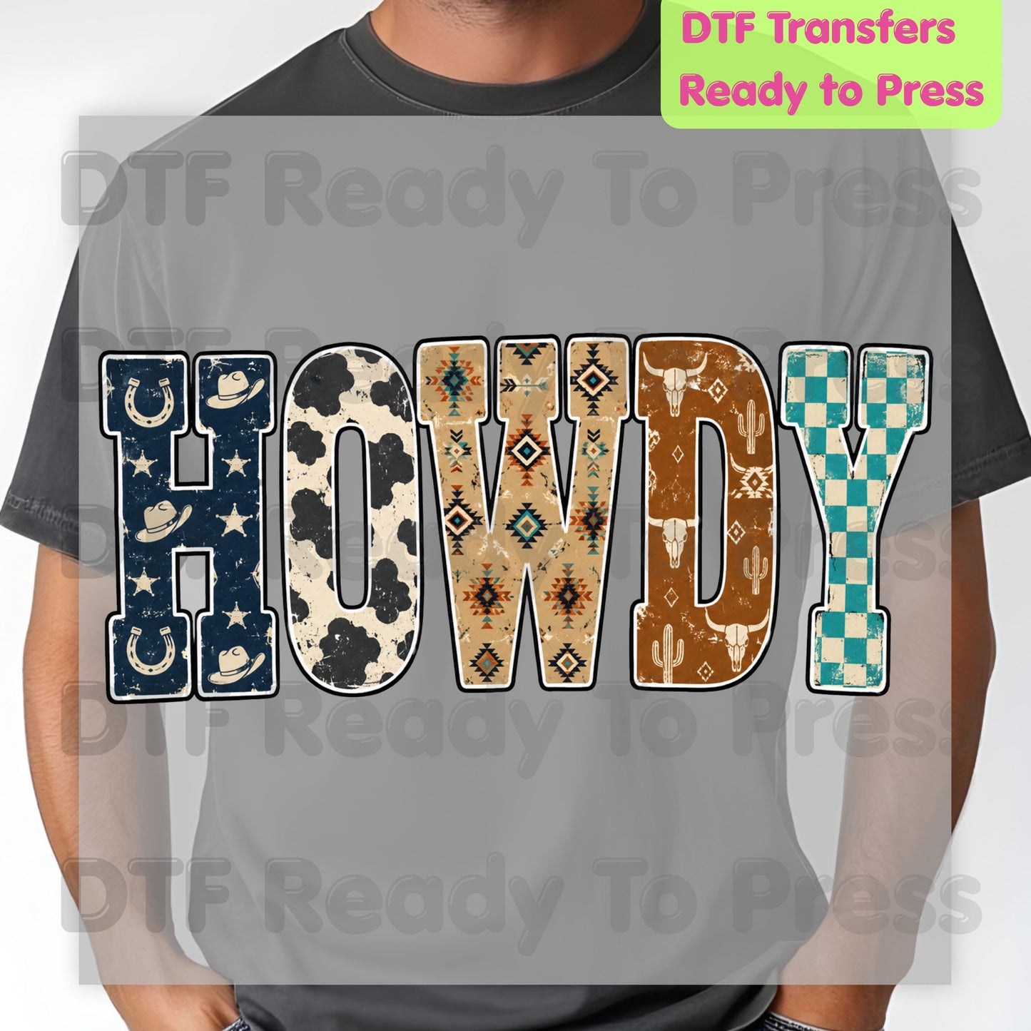 Western Howdy DTF Transfers, Cow Print Southwestern Western Vibe Ready to Press