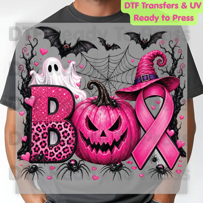 Boo Breast Cancer Awareness Pink Pumpkin Witch Hat DTF Transfer Ready to Press Spooky Heat Transfer Tee