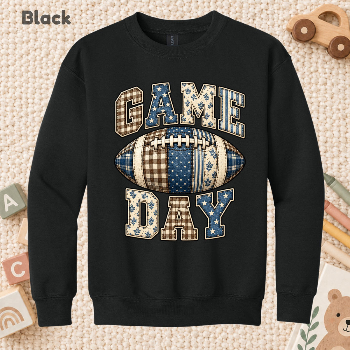 Game Day Football T-Shirt, Blue Plaid Patchwork Tee for Toddler and Kids