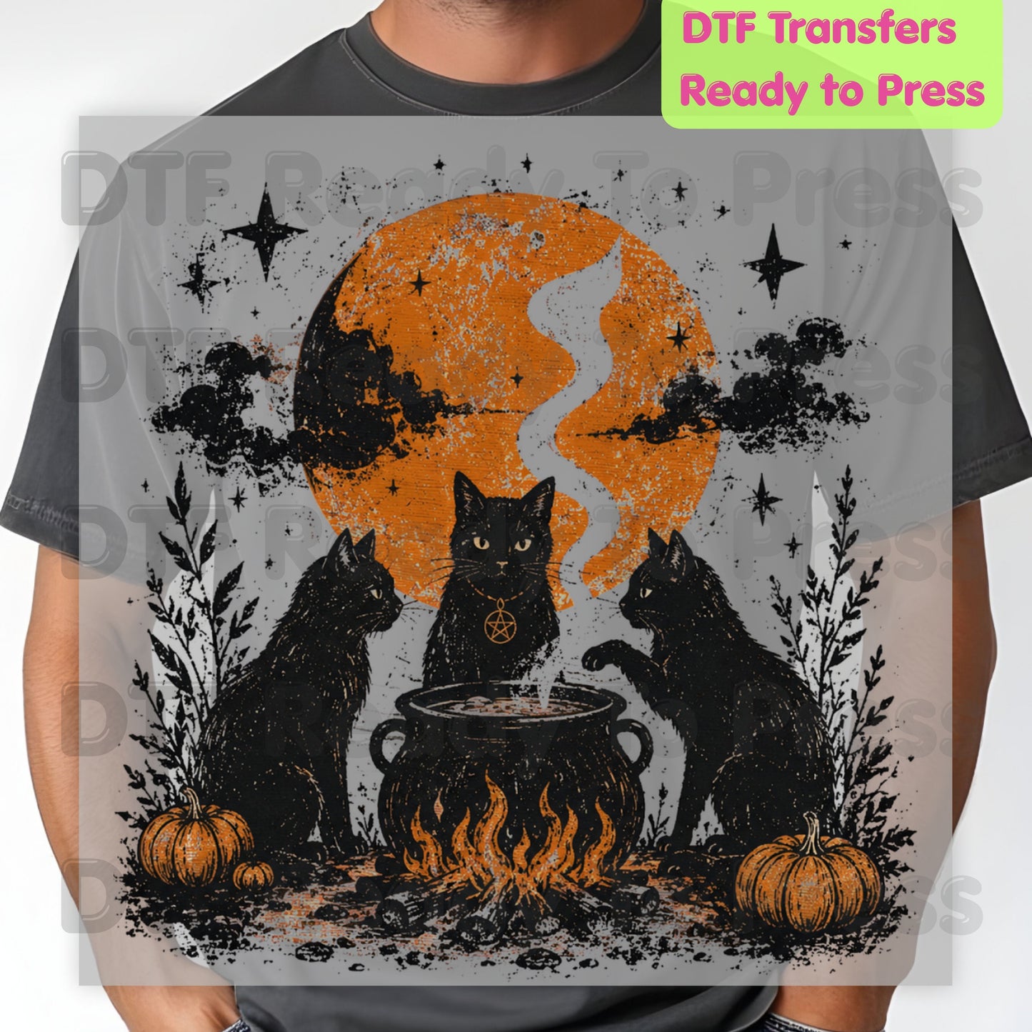 Vintage Halloween Black Cats DTF Transfers, Cauldron Witchy Moon Pumpkins Spooky Ready to Press