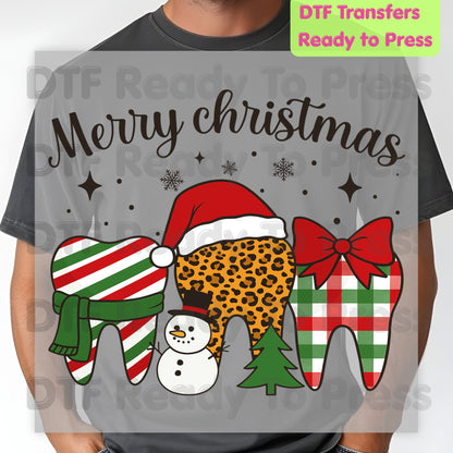 Merry Christmas Dental Teeth DTF Transfers, Dentist Holiday Leopard Plaid Dental Ready to Press