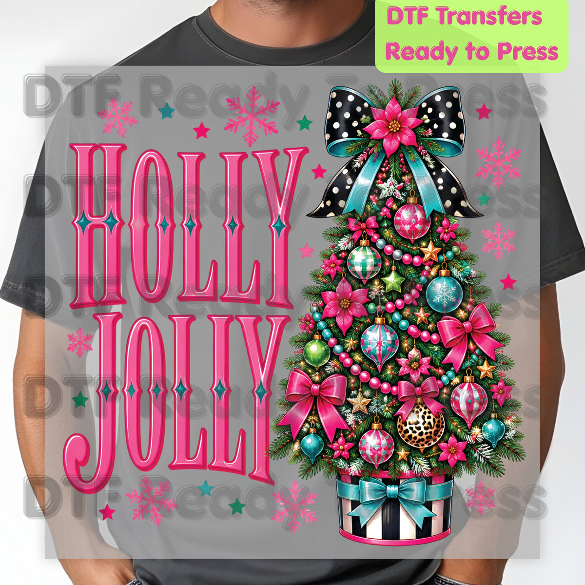 Christmas DTF Transfer, Holly Jolly Pink Christmas Tree, Bow and Snowflakes
