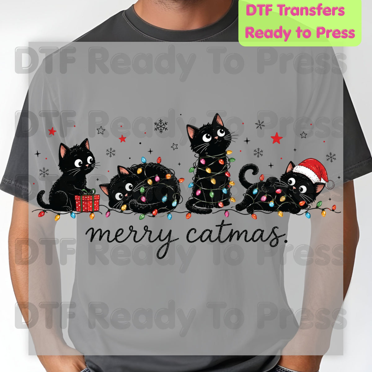 Christmas Cat DTF Transfer, Merry Catmas Cute Kittens and Lights
