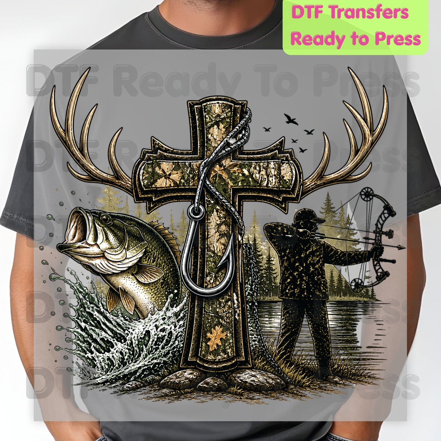 Camo Cross Religious Fishing Hunter DTF Transfer
