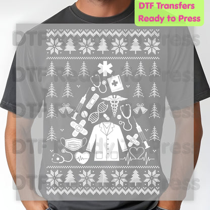 Medical Christmas Ugly Sweater DTF Transfers, Nurse Doctor Lab Coat Stethoscope Holiday Ready to Press