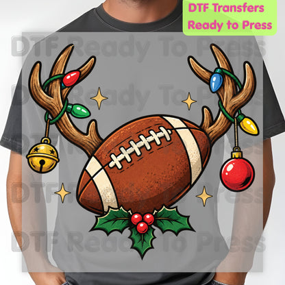 Christmas DTF Transfer, Reindeer Antlers with Football Lights and Holly Graphic