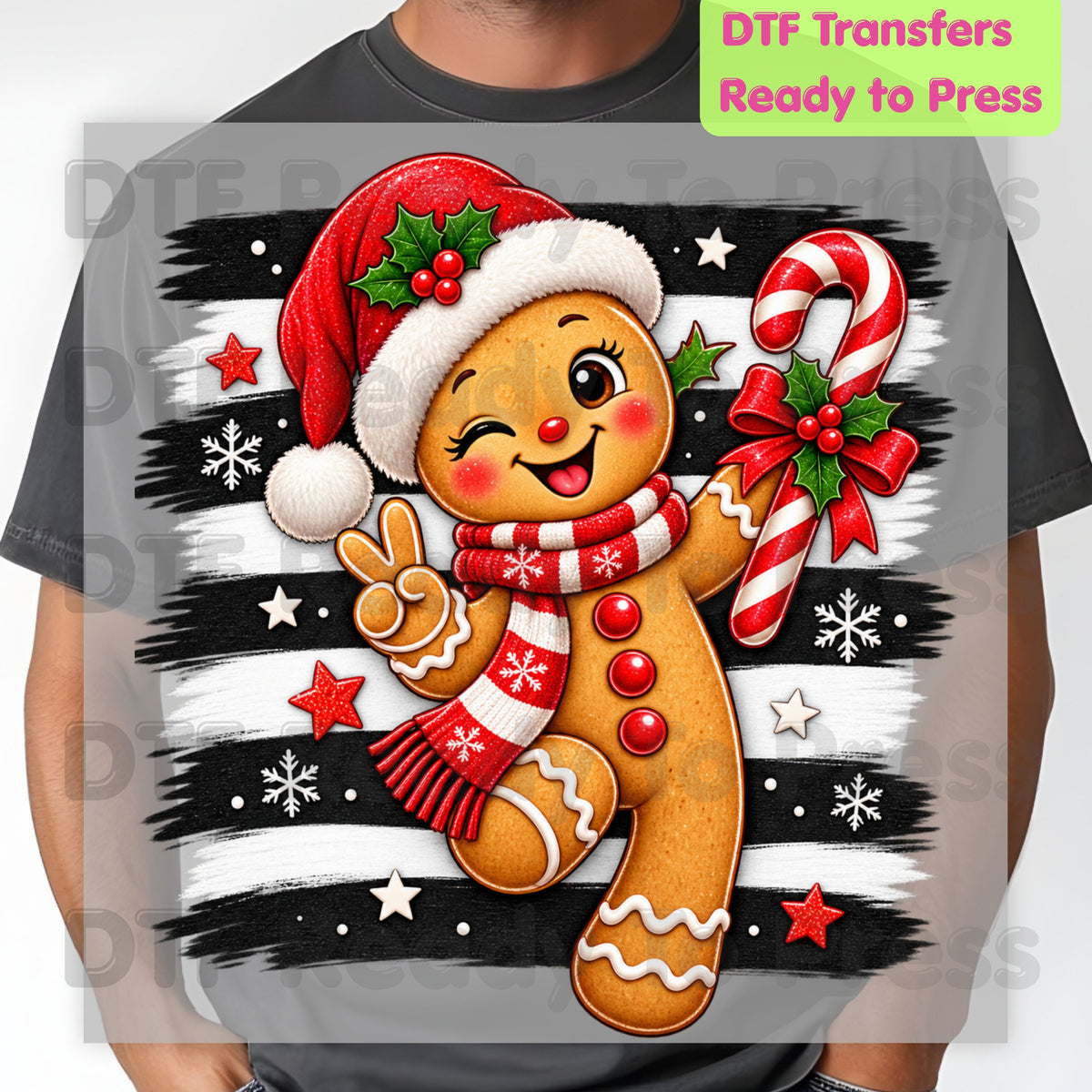 Gingerbread Man DTF Transfers, Candy Cane Santa Hat Black White Stripes Cute Christmas Ready to Press
