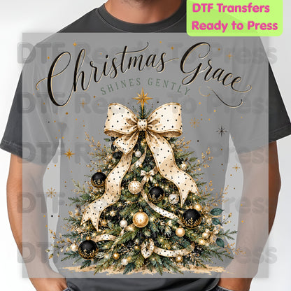 Grace Shines Gently Christmas DTF Transfers, Tree Gold Ribbon Elegant Holiday Ready to Press