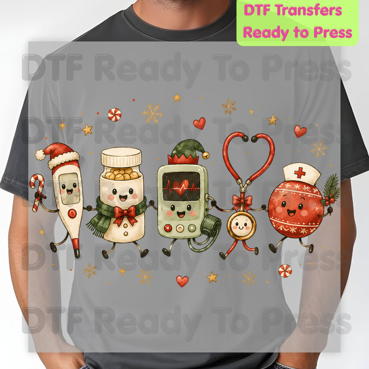 Christmas Cute Nurse Tools DTF Transfers, Medical Stethoscope Ornament Holiday Ready to Press